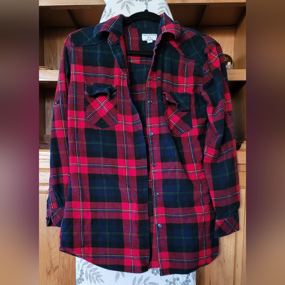 Matchstick Women S Red Plaid Flannel Button-Up Shirt